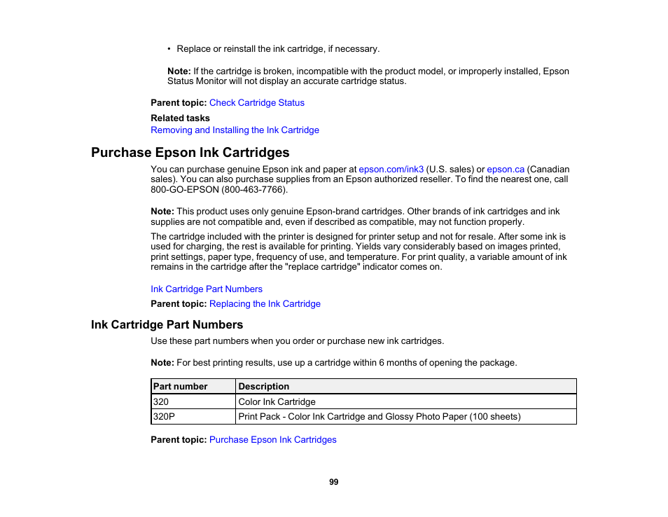 Purchase epson ink cartridges, Ink cartridge part numbers | Epson PictureMate PM-400 Personal Photo Lab User Manual | Page 99 / 164