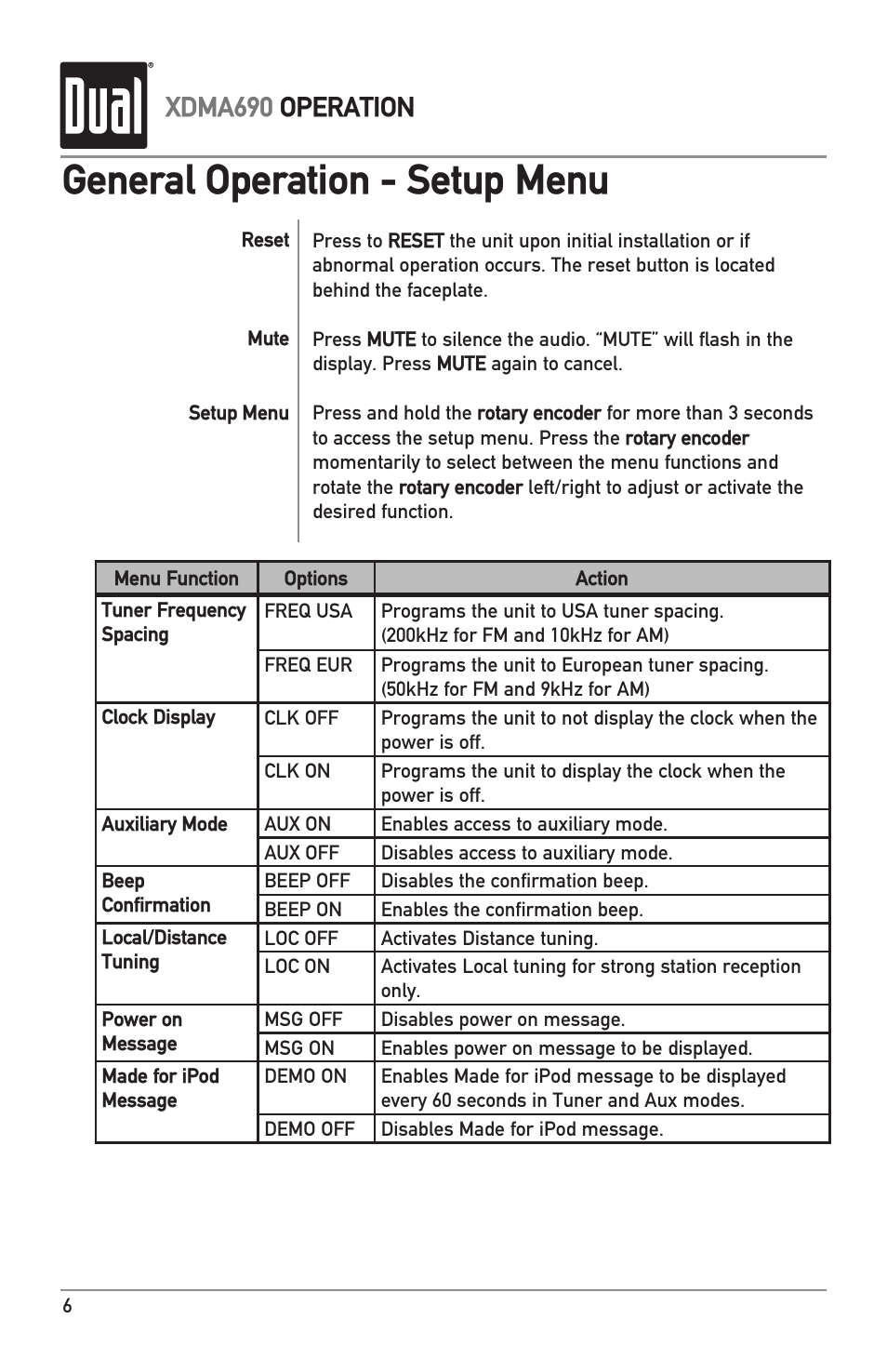 General operation - setup menu, Xdma690 operation | Dual XDMA690 User Manual | Page 6 / 20