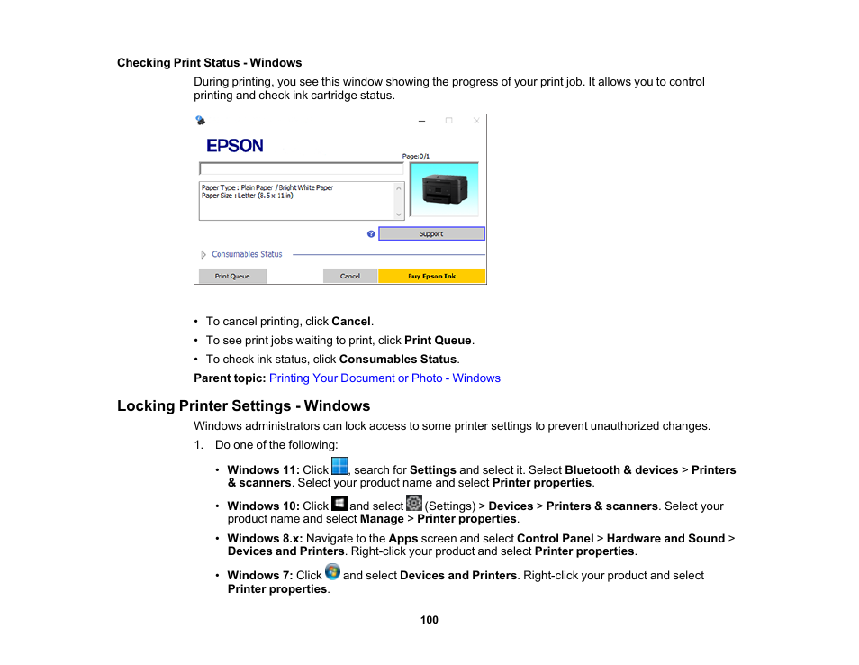 Checking print status - windows, Locking printer settings - windows | Epson WorkForce WF-2960 Wireless All-in-One Color Inkjet Printer User Manual | Page 100 / 332