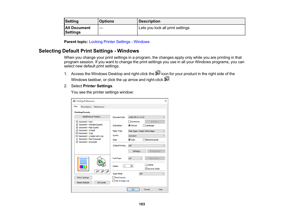 Selecting default print settings - windows | Epson WorkForce WF-2960 Wireless All-in-One Color Inkjet Printer User Manual | Page 103 / 332