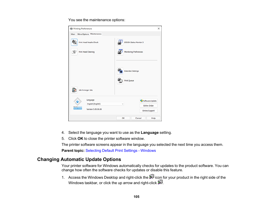 Changing automatic update options | Epson WorkForce WF-2960 Wireless All-in-One Color Inkjet Printer User Manual | Page 105 / 332