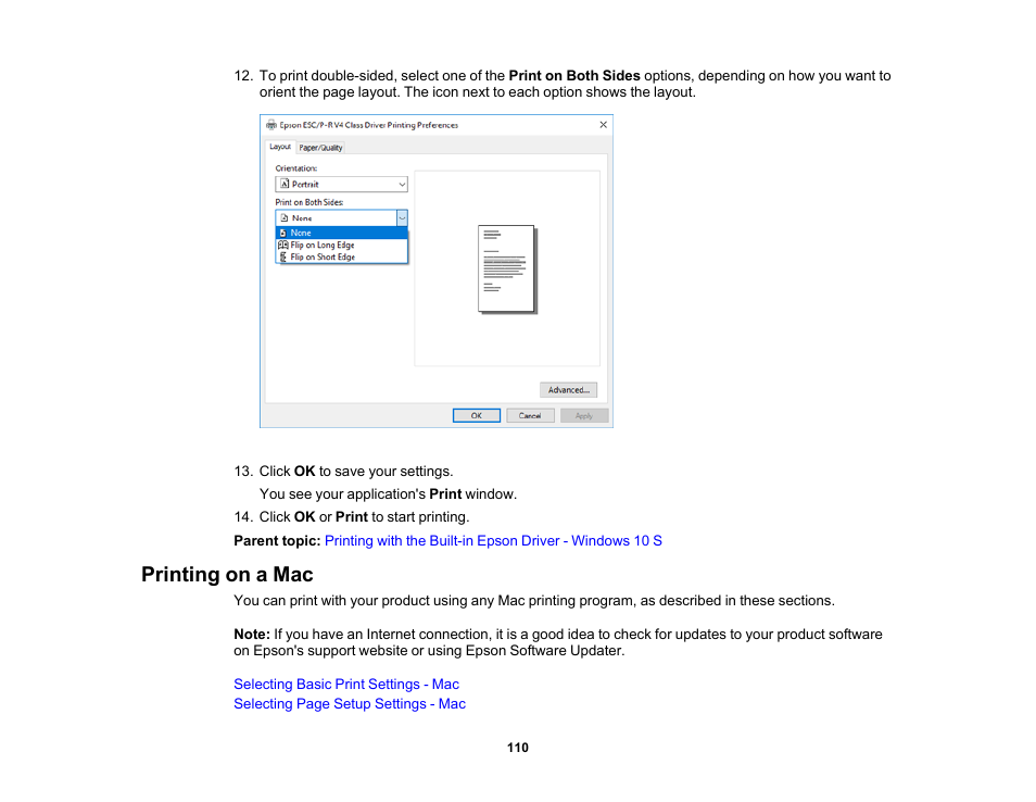 Printing on a mac | Epson WorkForce WF-2960 Wireless All-in-One Color Inkjet Printer User Manual | Page 110 / 332