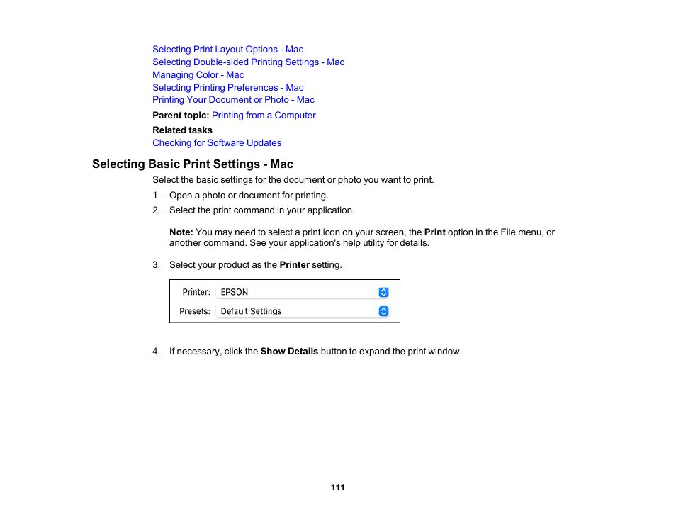 Selecting basic print settings - mac | Epson WorkForce WF-2960 Wireless All-in-One Color Inkjet Printer User Manual | Page 111 / 332