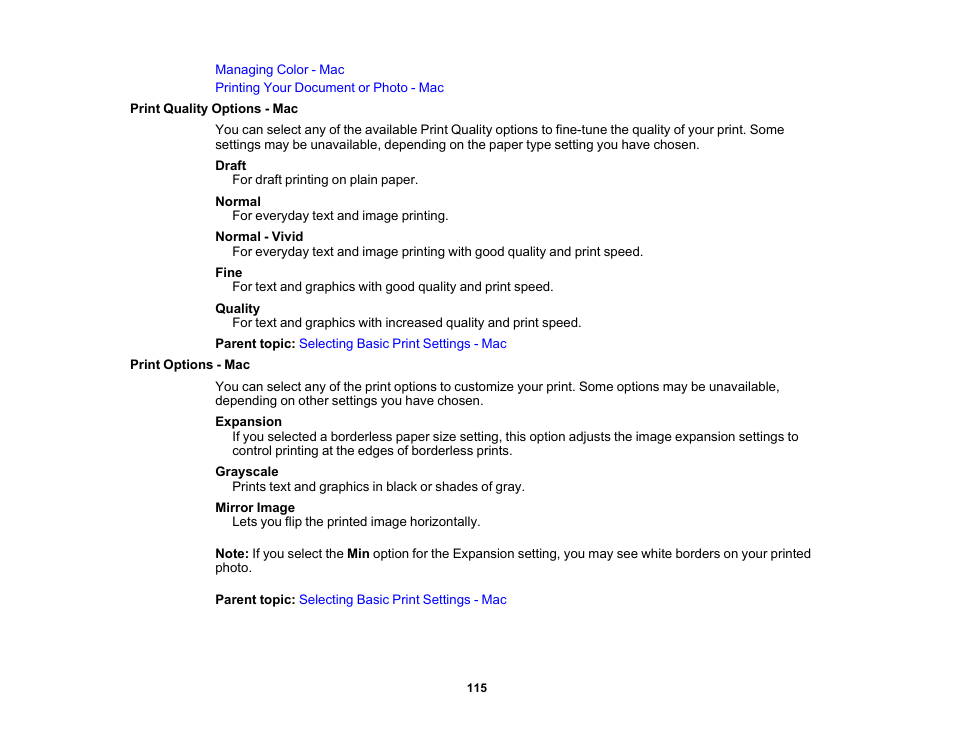 Print quality options - mac, Print options - mac, Print quality options - mac print options - mac | Epson WorkForce WF-2960 Wireless All-in-One Color Inkjet Printer User Manual | Page 115 / 332