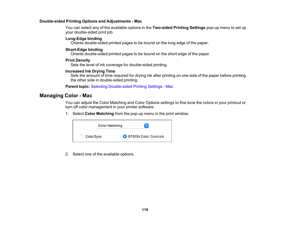 Managing color - mac | Epson WorkForce WF-2960 Wireless All-in-One Color Inkjet Printer User Manual | Page 119 / 332