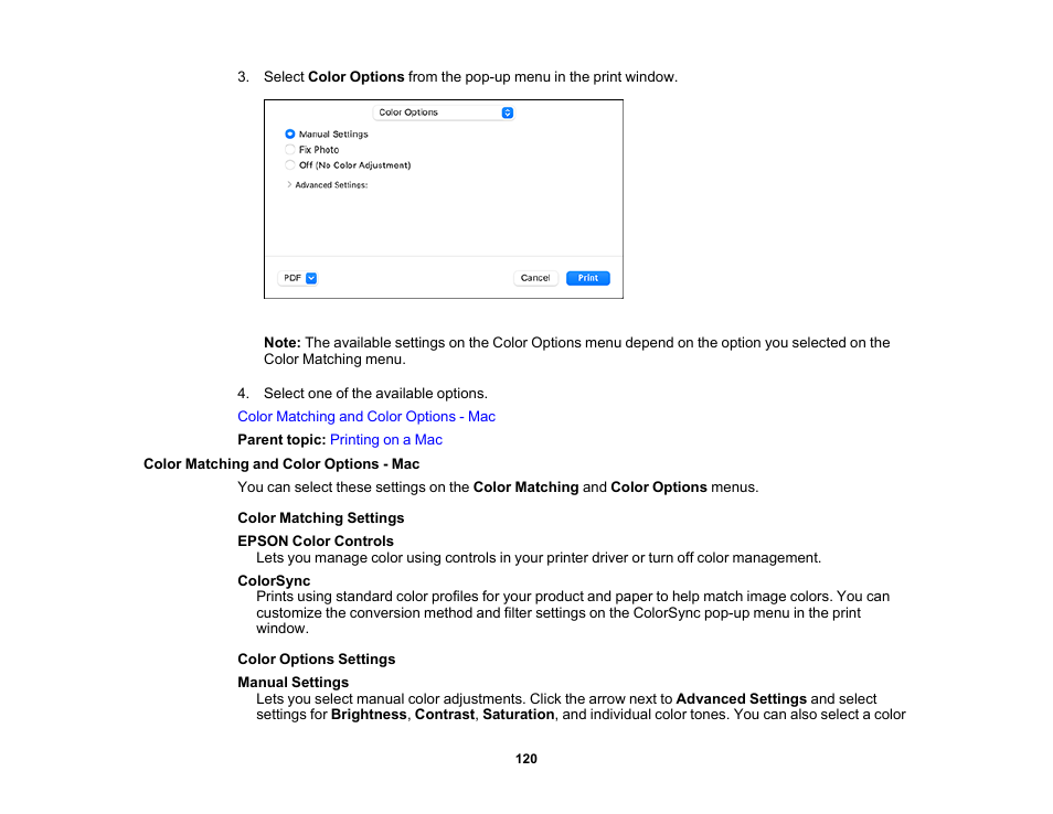 Color matching and color options - mac | Epson WorkForce WF-2960 Wireless All-in-One Color Inkjet Printer User Manual | Page 120 / 332