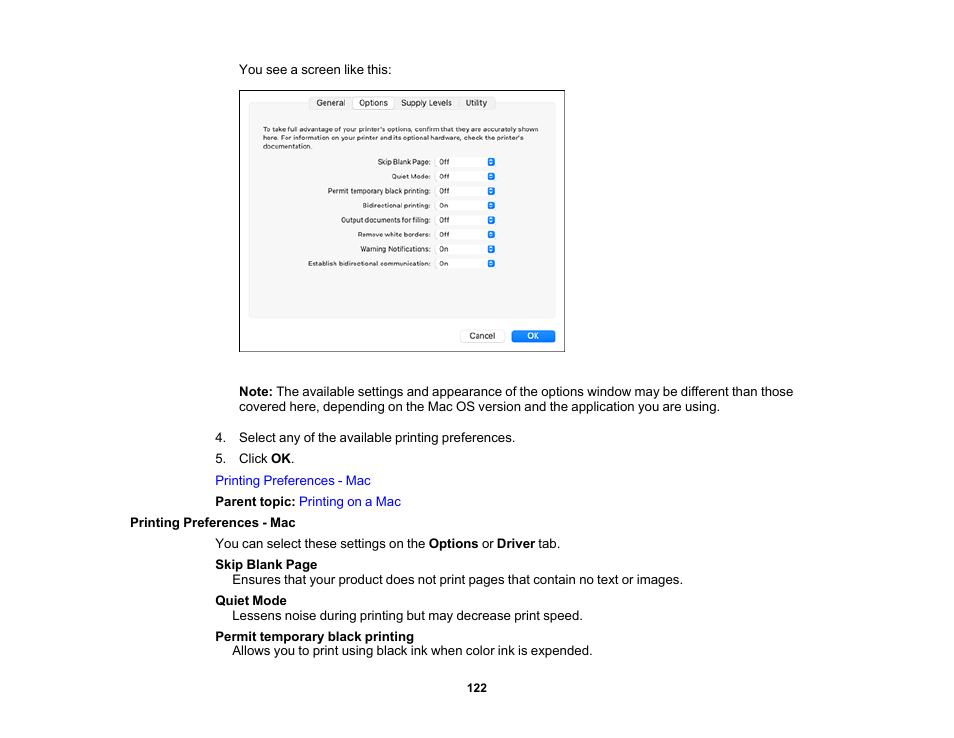 Printing preferences - mac | Epson WorkForce WF-2960 Wireless All-in-One Color Inkjet Printer User Manual | Page 122 / 332