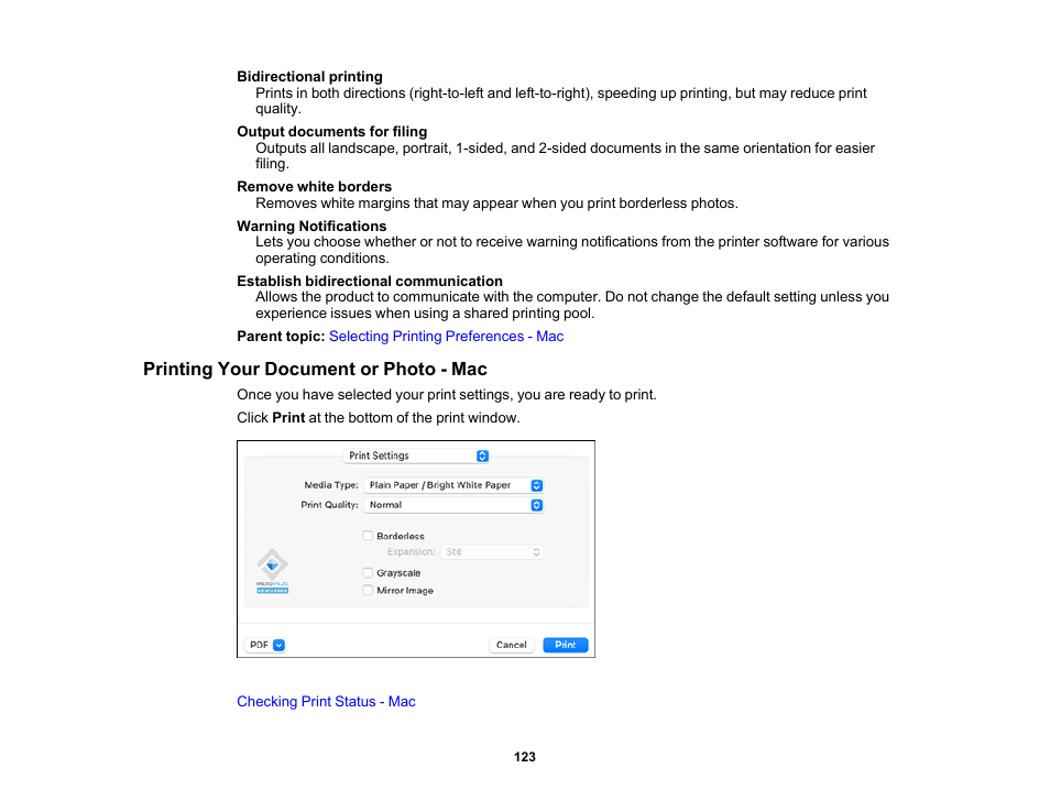 Printing your document or photo - mac | Epson WorkForce WF-2960 Wireless All-in-One Color Inkjet Printer User Manual | Page 123 / 332