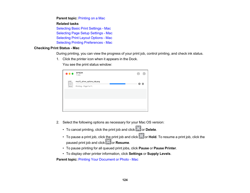 Checking print status - mac | Epson WorkForce WF-2960 Wireless All-in-One Color Inkjet Printer User Manual | Page 124 / 332