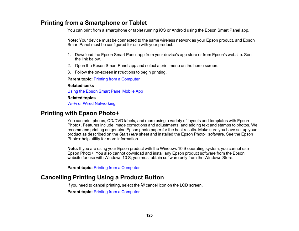 Printing from a smartphone or tablet, Printing with epson photo, Cancelling printing using a product button | Epson WorkForce WF-2960 Wireless All-in-One Color Inkjet Printer User Manual | Page 125 / 332