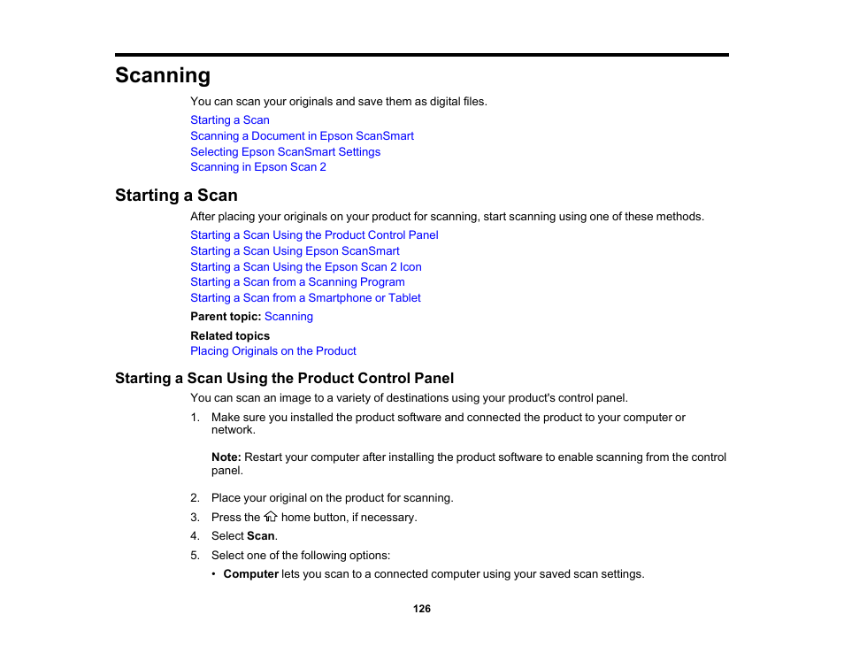 Scanning, Starting a scan, Starting a scan using the product control panel | Epson WorkForce WF-2960 Wireless All-in-One Color Inkjet Printer User Manual | Page 126 / 332