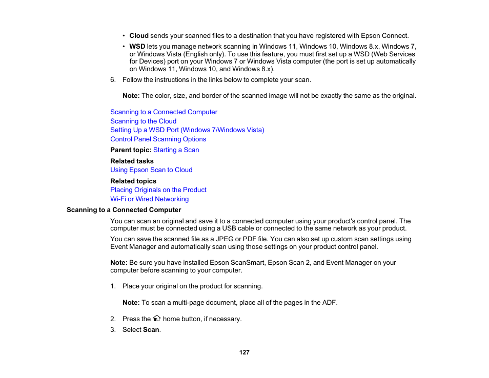 Scanning to a connected computer | Epson WorkForce WF-2960 Wireless All-in-One Color Inkjet Printer User Manual | Page 127 / 332