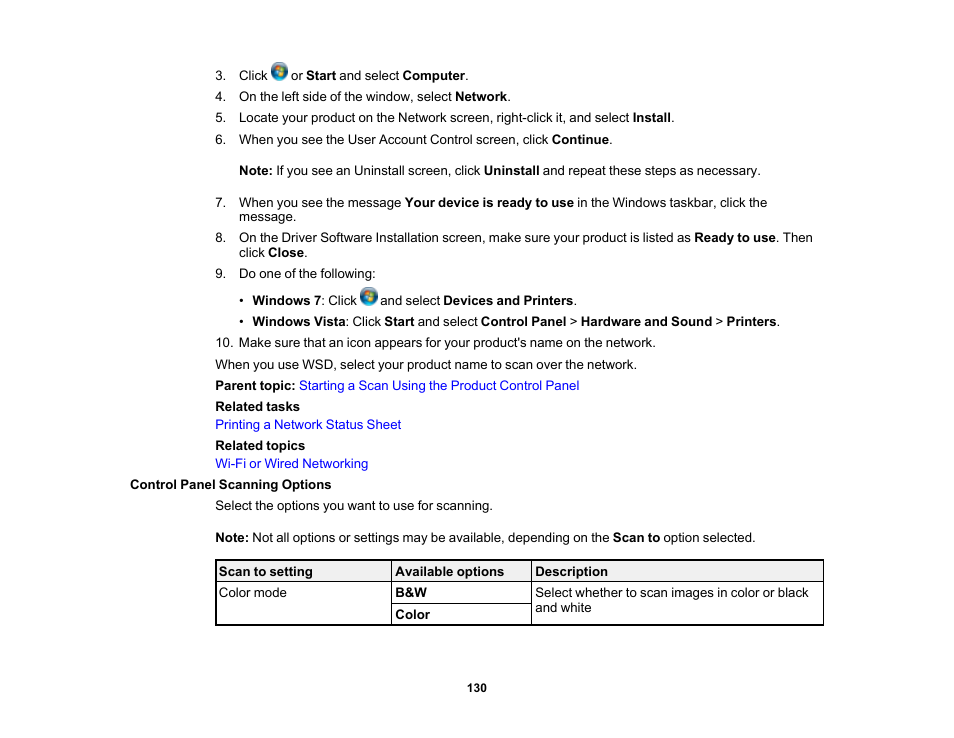 Control panel scanning options | Epson WorkForce WF-2960 Wireless All-in-One Color Inkjet Printer User Manual | Page 130 / 332