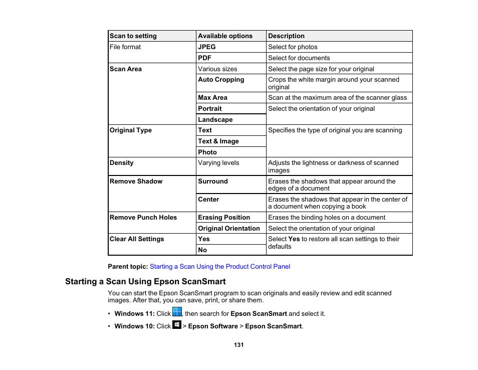 Starting a scan using epson scansmart | Epson WorkForce WF-2960 Wireless All-in-One Color Inkjet Printer User Manual | Page 131 / 332