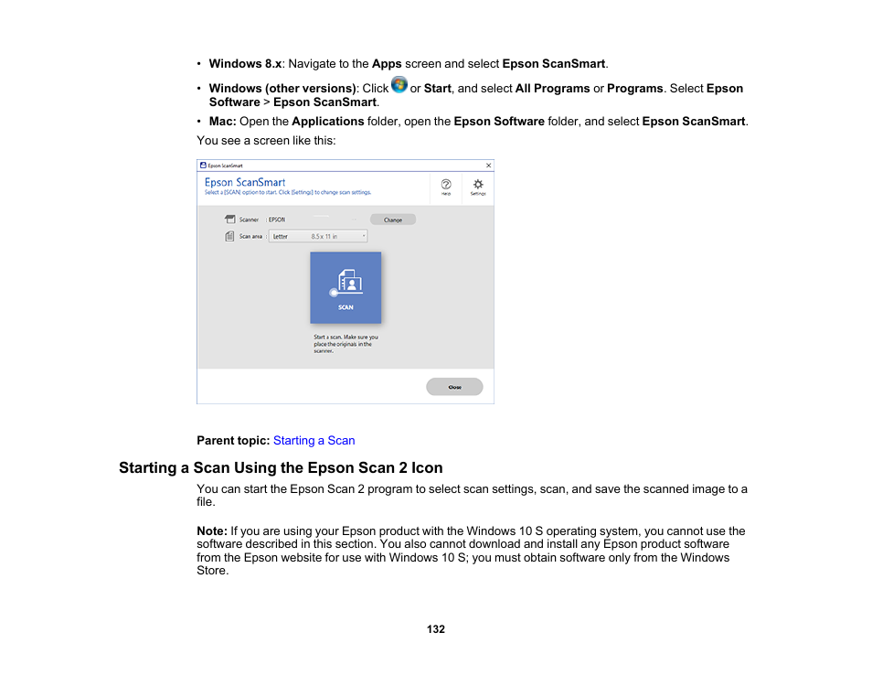 Starting a scan using the epson scan 2 icon | Epson WorkForce WF-2960 Wireless All-in-One Color Inkjet Printer User Manual | Page 132 / 332