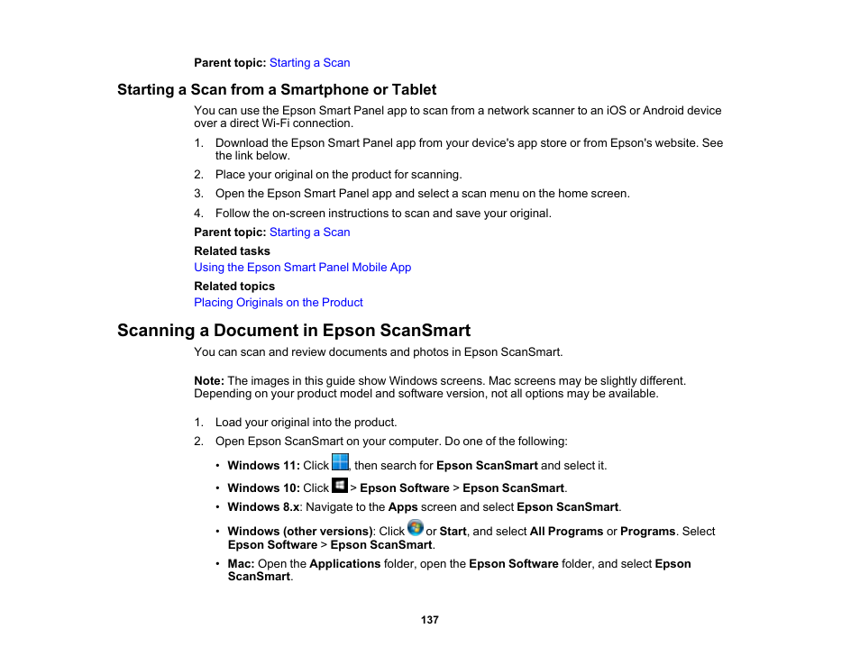 Starting a scan from a smartphone or tablet, Scanning a document in epson scansmart | Epson WorkForce WF-2960 Wireless All-in-One Color Inkjet Printer User Manual | Page 137 / 332