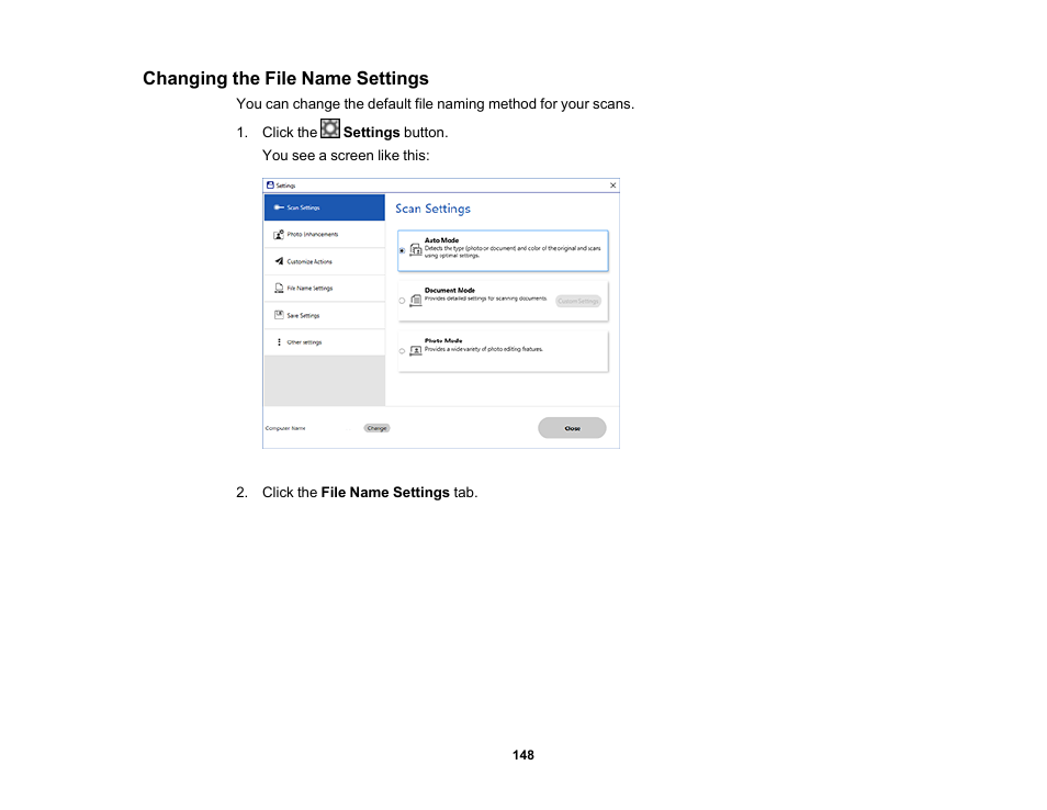 Changing the file name settings | Epson WorkForce WF-2960 Wireless All-in-One Color Inkjet Printer User Manual | Page 148 / 332