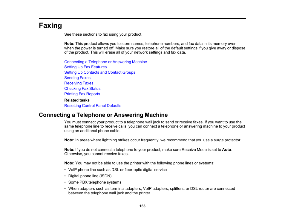 Faxing, Connecting a telephone or answering machine | Epson WorkForce WF-2960 Wireless All-in-One Color Inkjet Printer User Manual | Page 163 / 332