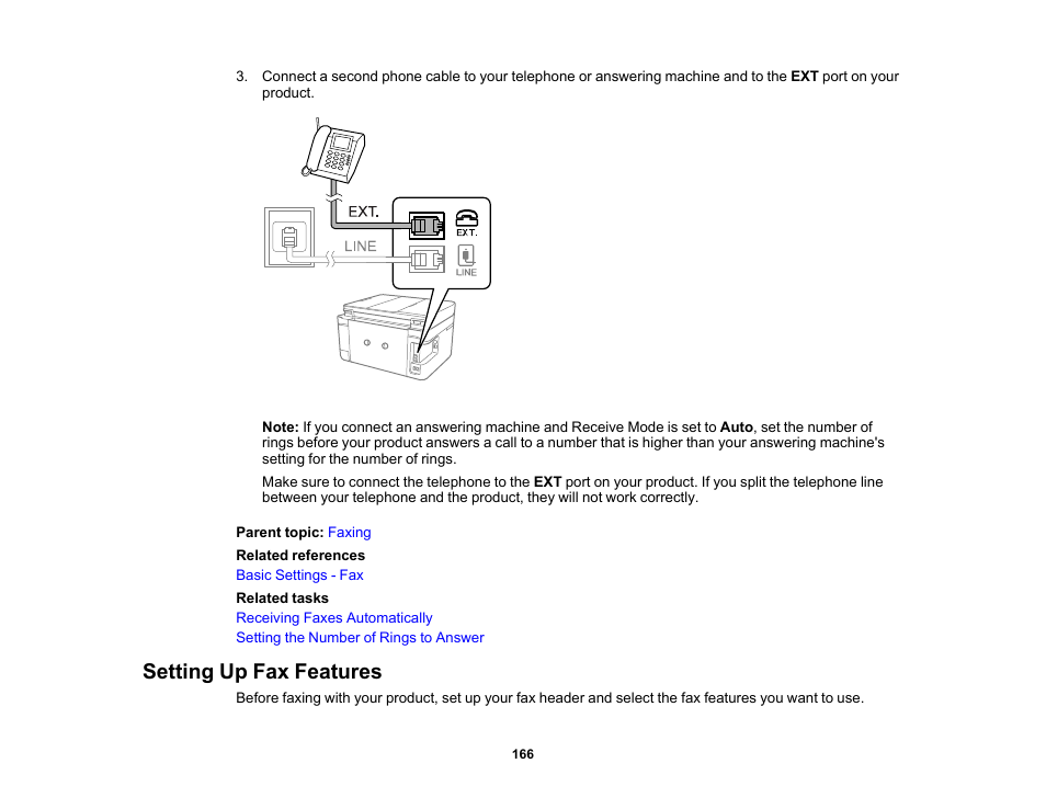 Setting up fax features | Epson WorkForce WF-2960 Wireless All-in-One Color Inkjet Printer User Manual | Page 166 / 332