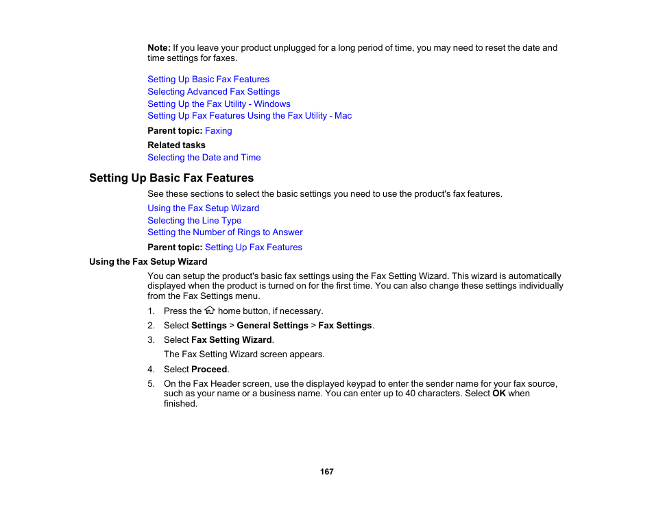 Setting up basic fax features, Using the fax setup wizard | Epson WorkForce WF-2960 Wireless All-in-One Color Inkjet Printer User Manual | Page 167 / 332