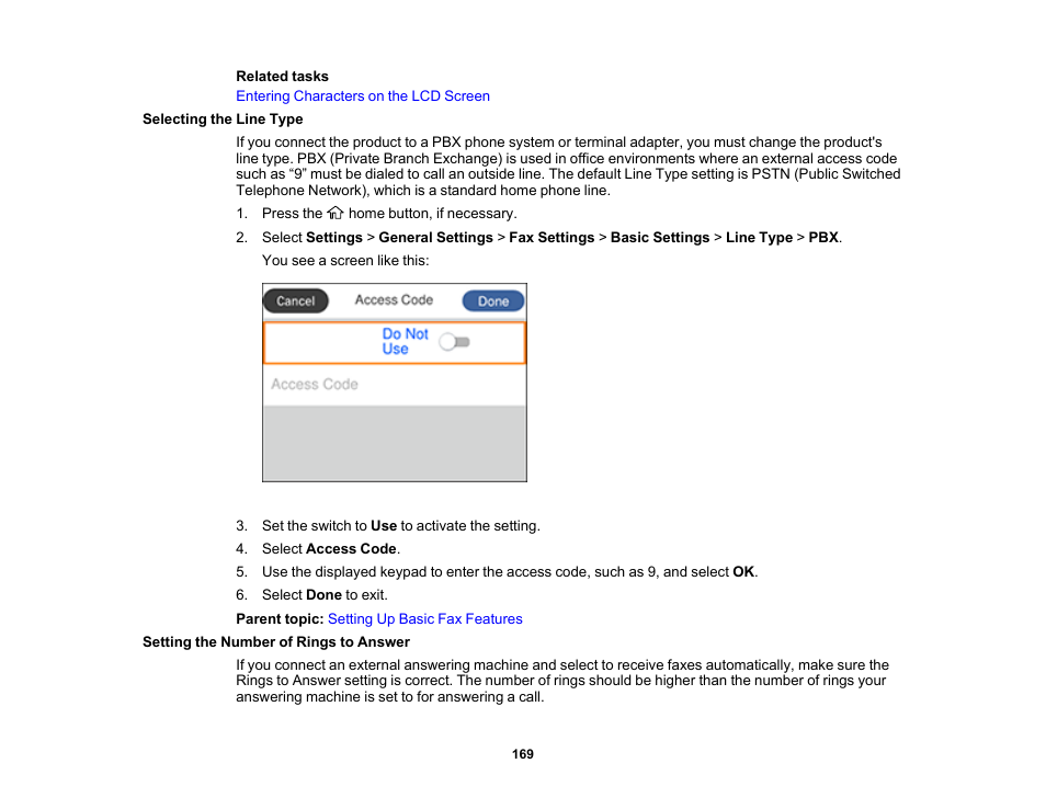 Selecting the line type, Setting the number of rings to answer | Epson WorkForce WF-2960 Wireless All-in-One Color Inkjet Printer User Manual | Page 169 / 332