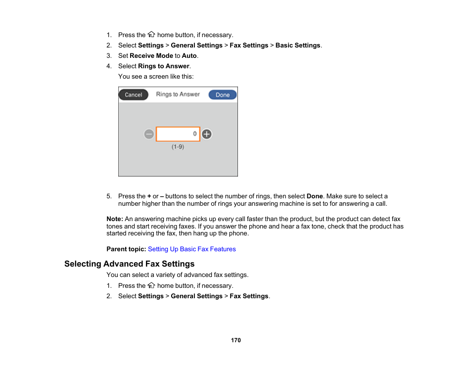 Selecting advanced fax settings | Epson WorkForce WF-2960 Wireless All-in-One Color Inkjet Printer User Manual | Page 170 / 332