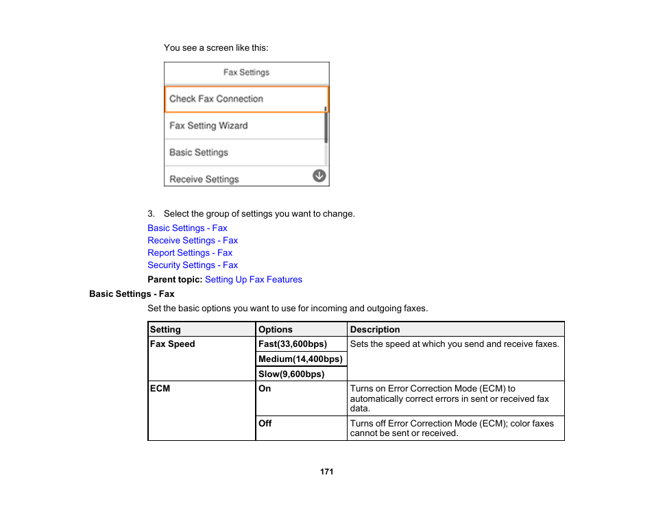 Basic settings - fax | Epson WorkForce WF-2960 Wireless All-in-One Color Inkjet Printer User Manual | Page 171 / 332