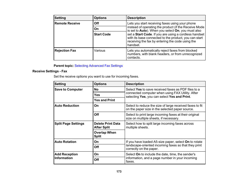 Receive settings - fax | Epson WorkForce WF-2960 Wireless All-in-One Color Inkjet Printer User Manual | Page 173 / 332