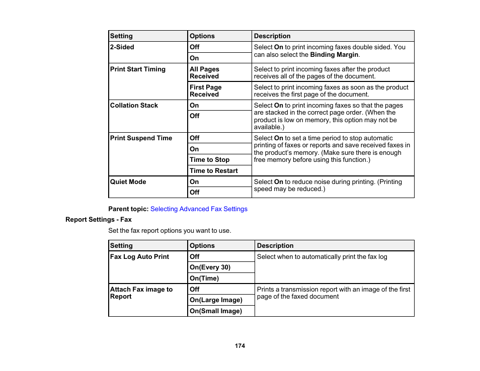 Report settings - fax | Epson WorkForce WF-2960 Wireless All-in-One Color Inkjet Printer User Manual | Page 174 / 332