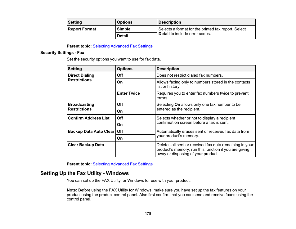 Security settings - fax, Setting up the fax utility - windows | Epson WorkForce WF-2960 Wireless All-in-One Color Inkjet Printer User Manual | Page 175 / 332