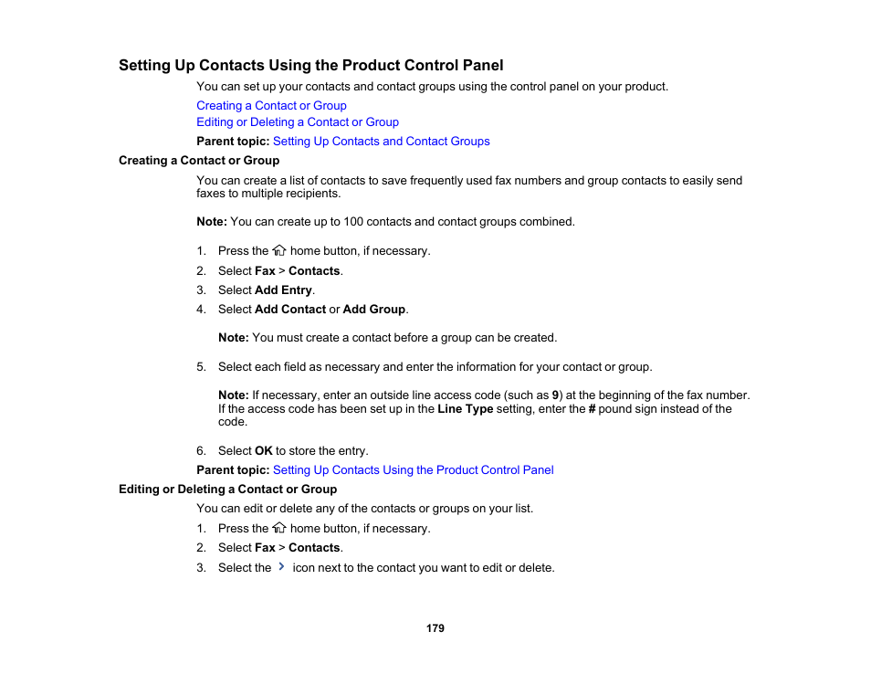 Creating a contact or group, Editing or deleting a contact or group | Epson WorkForce WF-2960 Wireless All-in-One Color Inkjet Printer User Manual | Page 179 / 332