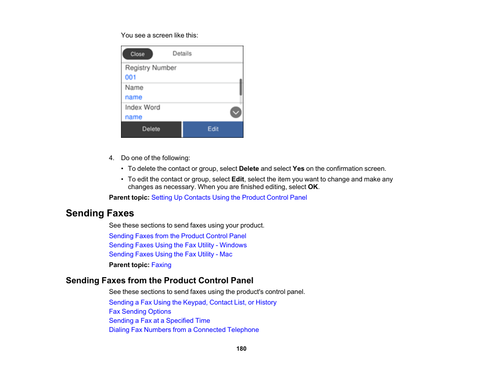 Sending faxes, Sending faxes from the product control panel | Epson WorkForce WF-2960 Wireless All-in-One Color Inkjet Printer User Manual | Page 180 / 332