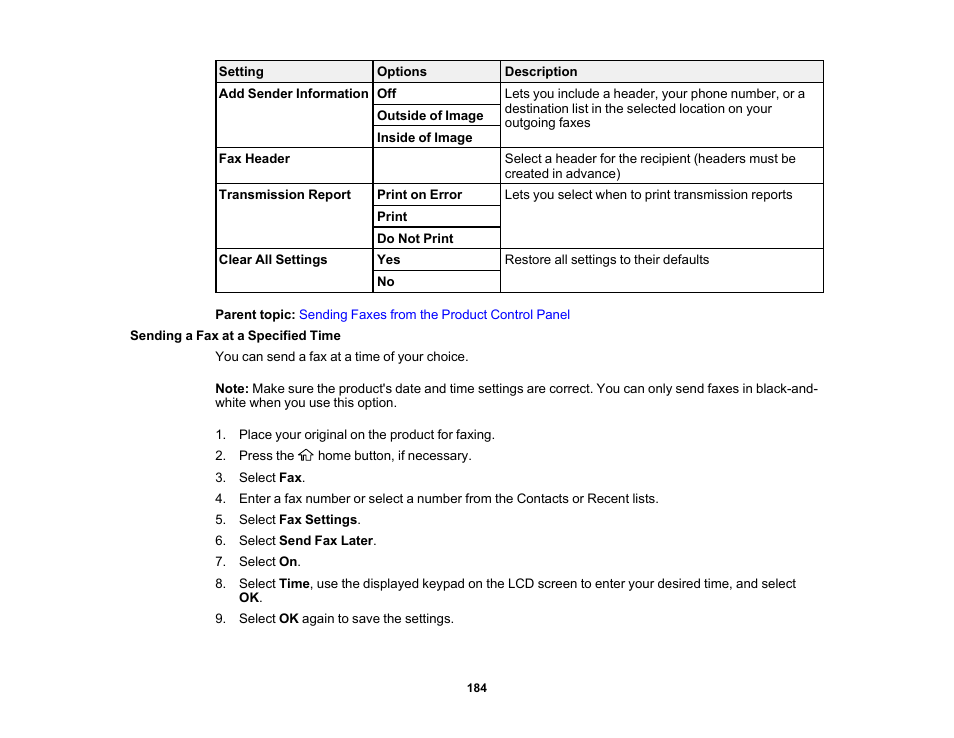 Sending a fax at a specified time | Epson WorkForce WF-2960 Wireless All-in-One Color Inkjet Printer User Manual | Page 184 / 332