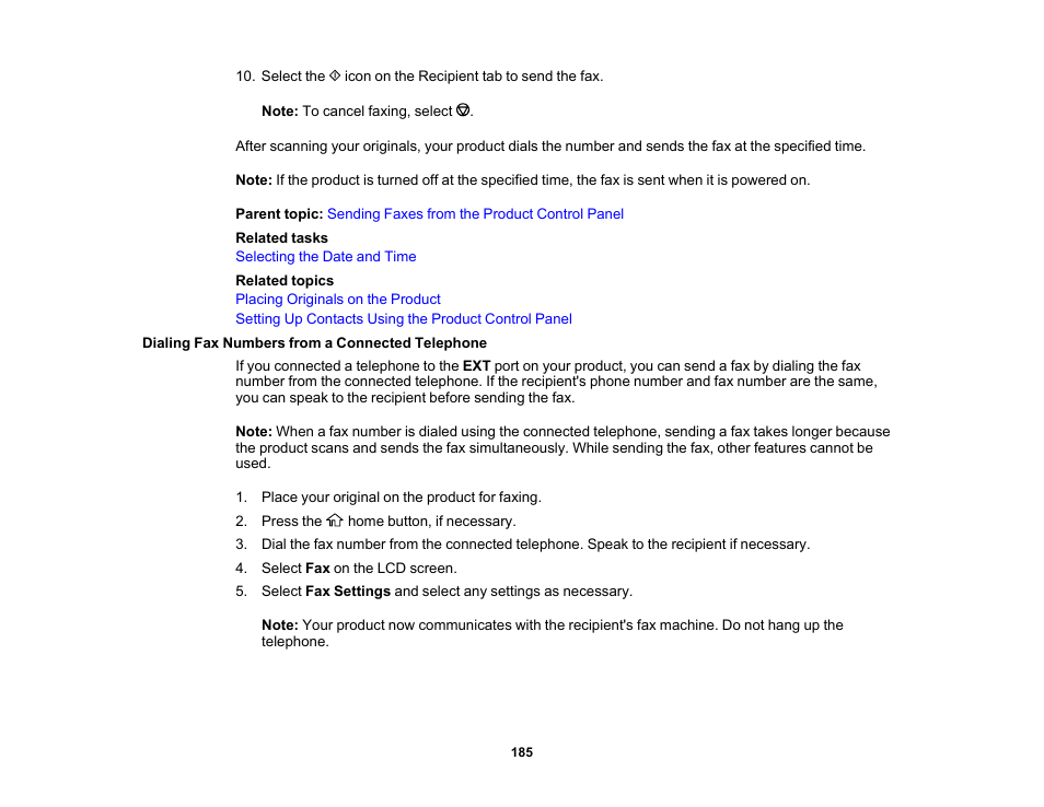 Dialing fax numbers from a connected telephone | Epson WorkForce WF-2960 Wireless All-in-One Color Inkjet Printer User Manual | Page 185 / 332