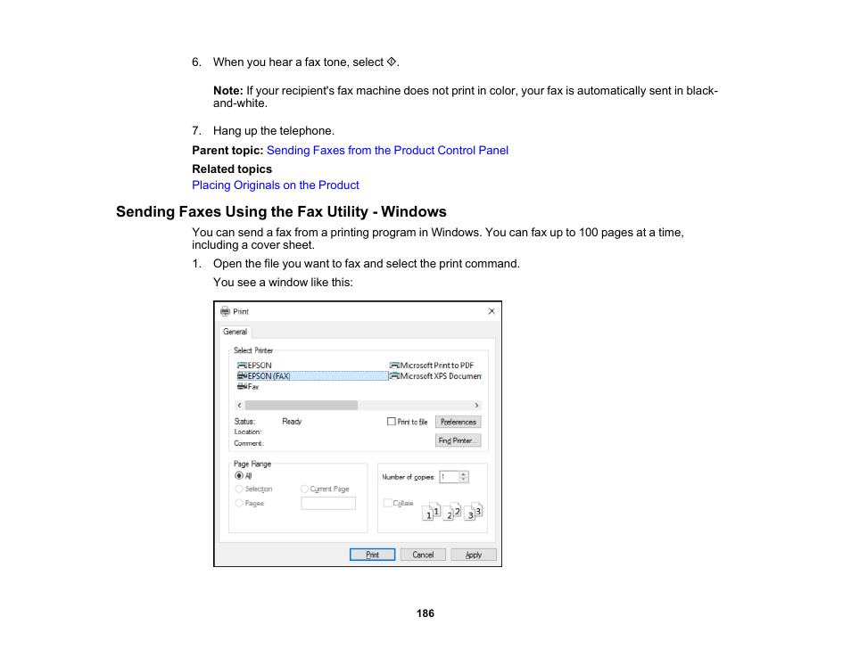 Sending faxes using the fax utility - windows | Epson WorkForce WF-2960 Wireless All-in-One Color Inkjet Printer User Manual | Page 186 / 332