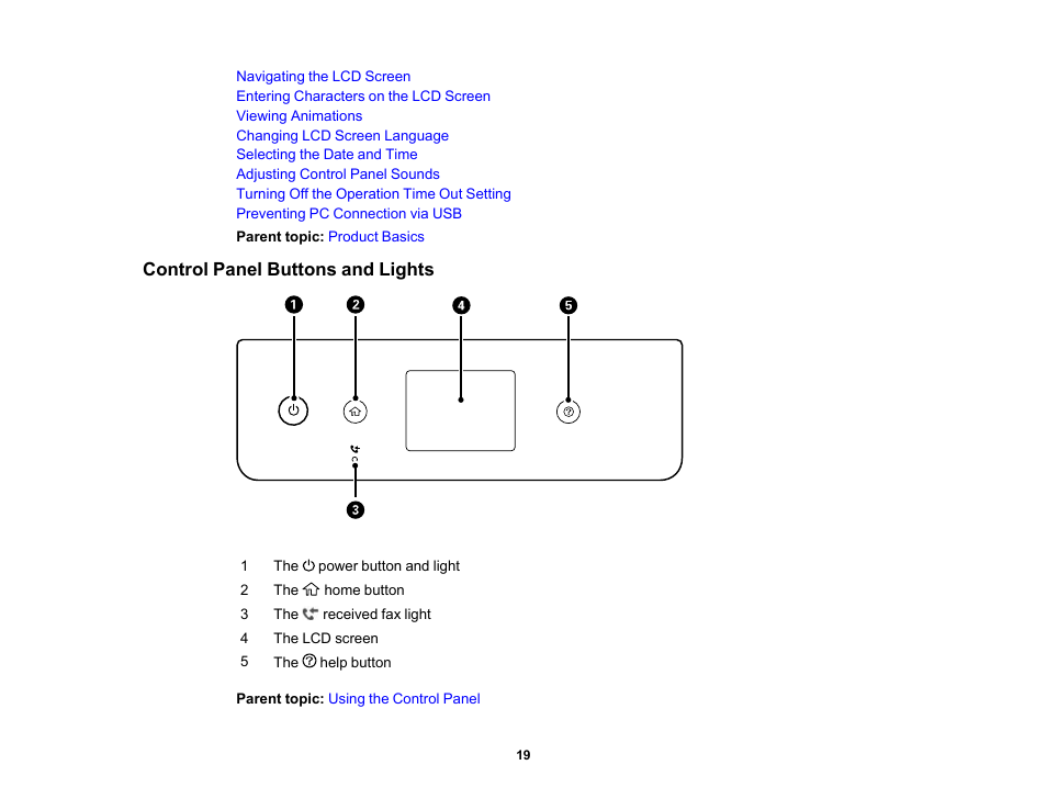 Control panel buttons and lights | Epson WorkForce WF-2960 Wireless All-in-One Color Inkjet Printer User Manual | Page 19 / 332