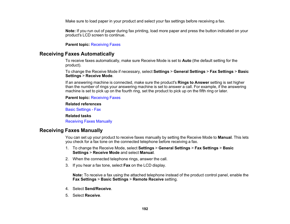 Receiving faxes automatically, Receiving faxes manually | Epson WorkForce WF-2960 Wireless All-in-One Color Inkjet Printer User Manual | Page 192 / 332