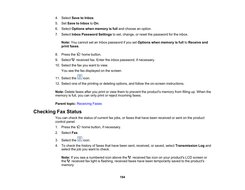 Checking fax status | Epson WorkForce WF-2960 Wireless All-in-One Color Inkjet Printer User Manual | Page 194 / 332