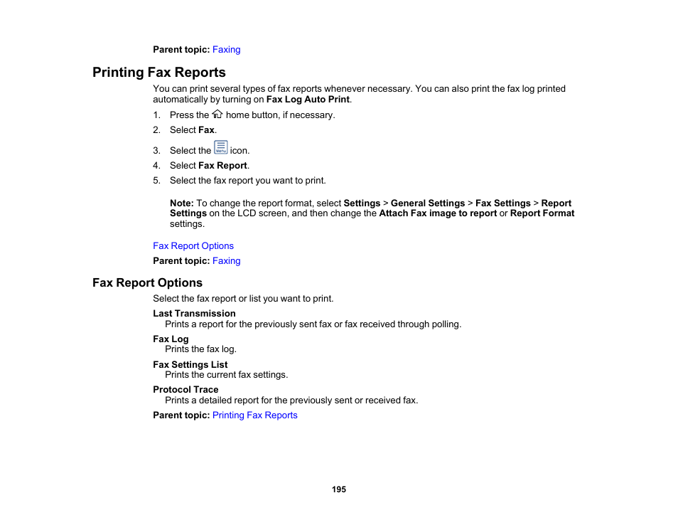 Printing fax reports, Fax report options | Epson WorkForce WF-2960 Wireless All-in-One Color Inkjet Printer User Manual | Page 195 / 332
