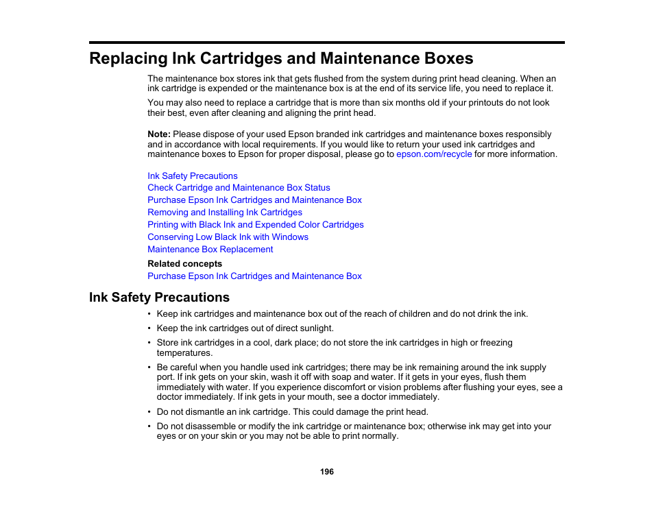 Replacing ink cartridges and maintenance boxes, Ink safety precautions | Epson WorkForce WF-2960 Wireless All-in-One Color Inkjet Printer User Manual | Page 196 / 332