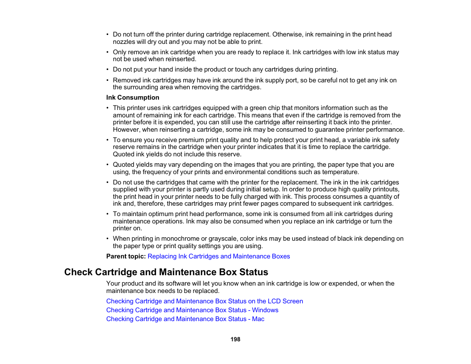 Check cartridge and maintenance box status | Epson WorkForce WF-2960 Wireless All-in-One Color Inkjet Printer User Manual | Page 198 / 332