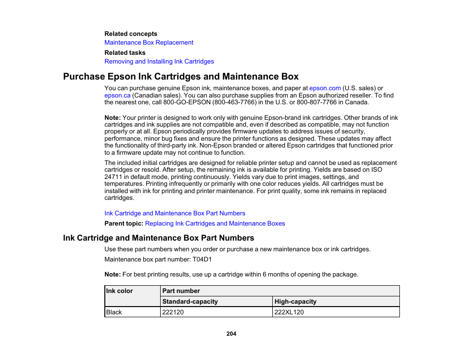 Purchase epson ink cartridges and maintenance box, Ink cartridge and maintenance box part numbers | Epson WorkForce WF-2960 Wireless All-in-One Color Inkjet Printer User Manual | Page 204 / 332