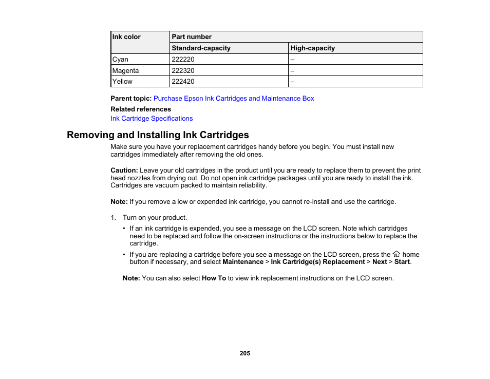 Removing and installing ink cartridges | Epson WorkForce WF-2960 Wireless All-in-One Color Inkjet Printer User Manual | Page 205 / 332