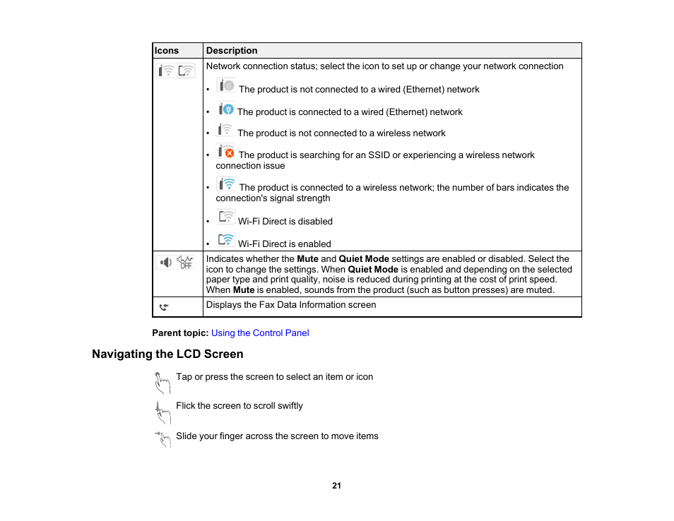 Navigating the lcd screen | Epson WorkForce WF-2960 Wireless All-in-One Color Inkjet Printer User Manual | Page 21 / 332