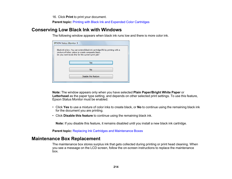 Conserving low black ink with windows, Maintenance box replacement | Epson WorkForce WF-2960 Wireless All-in-One Color Inkjet Printer User Manual | Page 214 / 332