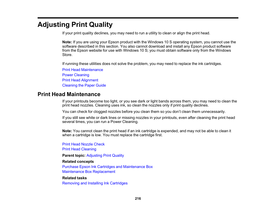 Adjusting print quality, Print head maintenance | Epson WorkForce WF-2960 Wireless All-in-One Color Inkjet Printer User Manual | Page 216 / 332