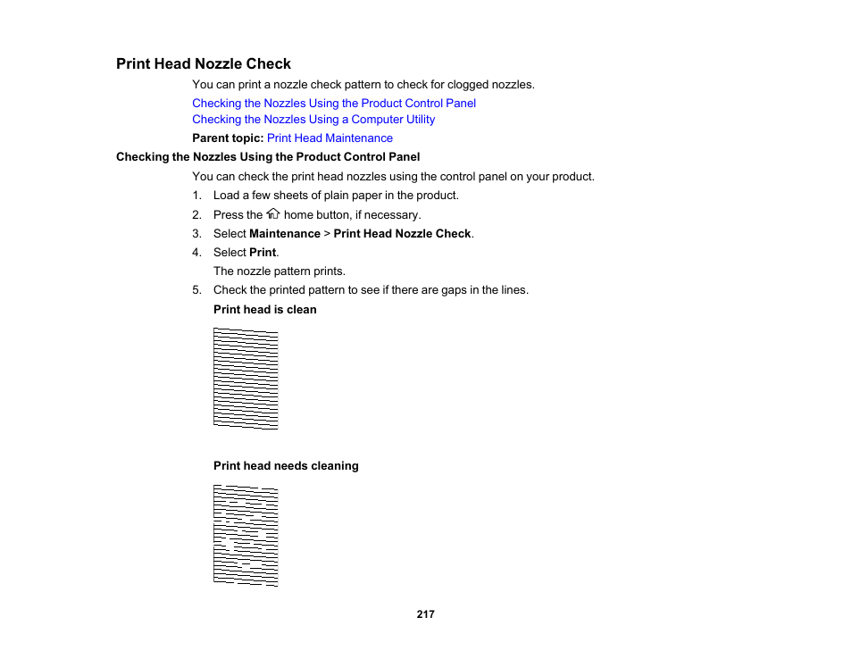 Print head nozzle check | Epson WorkForce WF-2960 Wireless All-in-One Color Inkjet Printer User Manual | Page 217 / 332