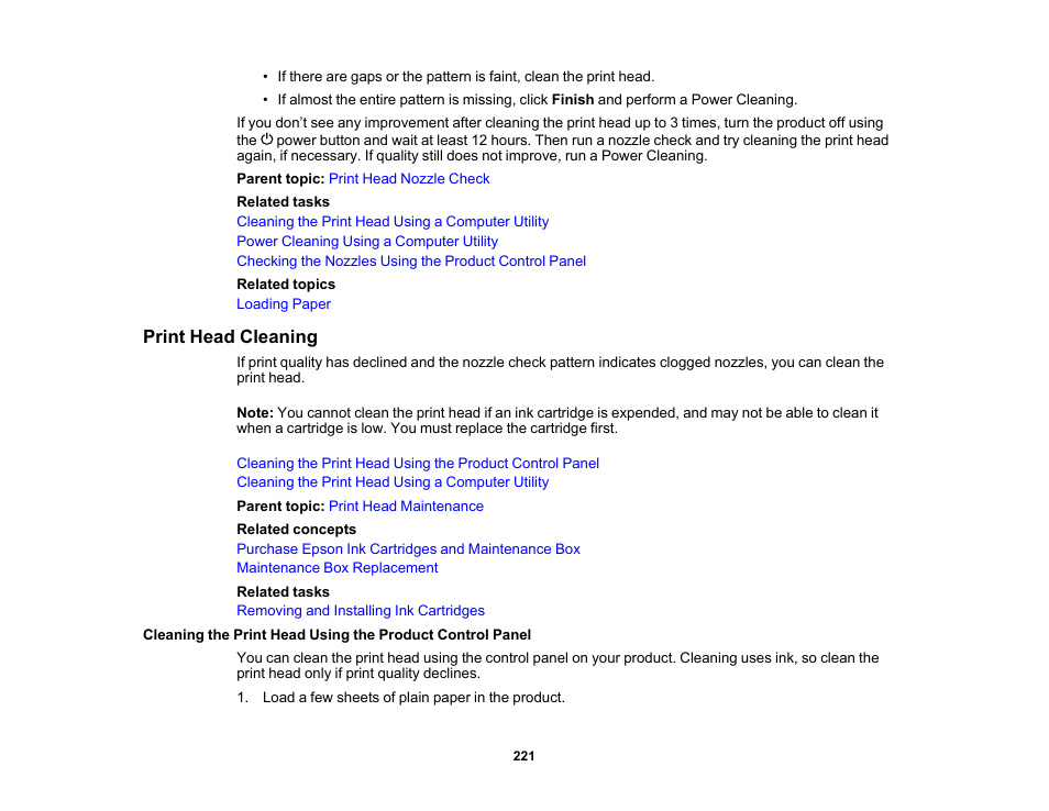 Print head cleaning | Epson WorkForce WF-2960 Wireless All-in-One Color Inkjet Printer User Manual | Page 221 / 332