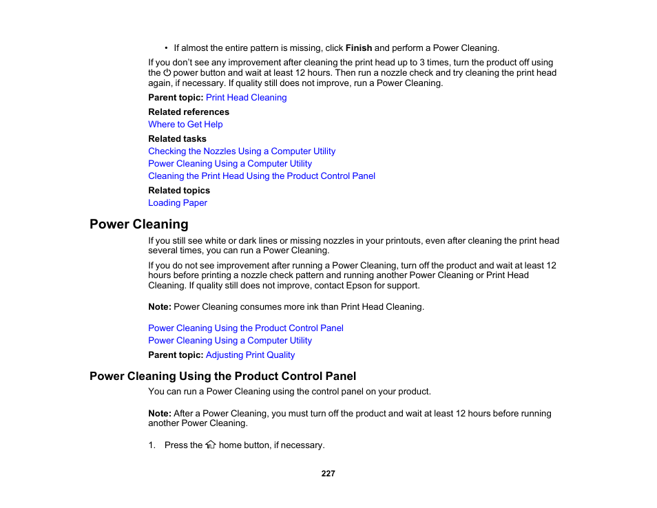 Power cleaning, Power cleaning using the product control panel | Epson WorkForce WF-2960 Wireless All-in-One Color Inkjet Printer User Manual | Page 227 / 332