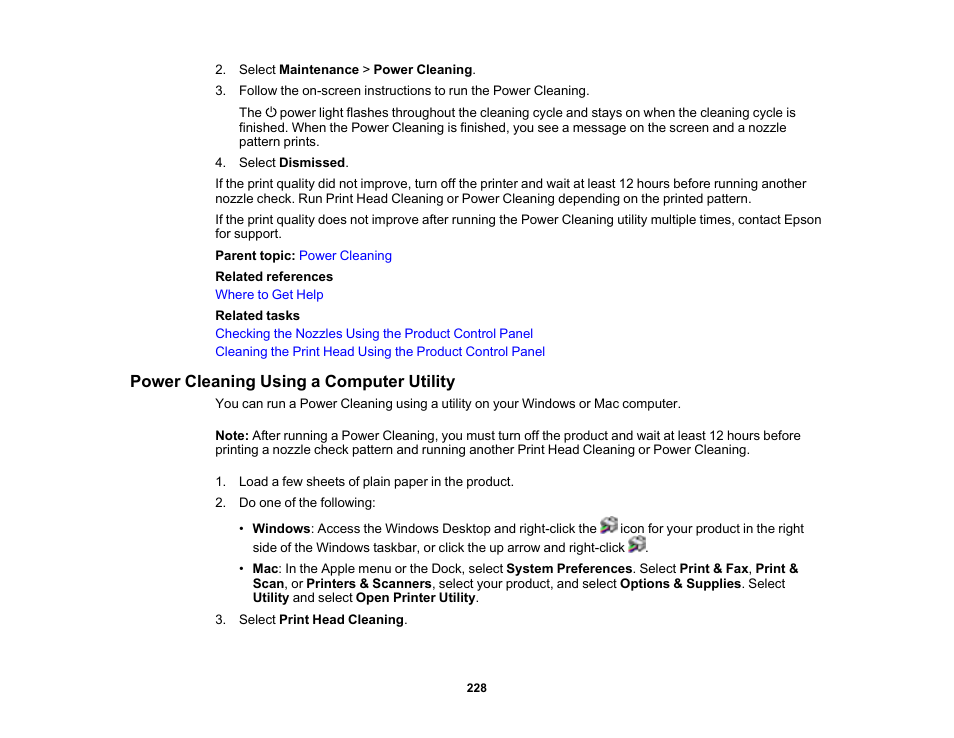 Power cleaning using a computer utility | Epson WorkForce WF-2960 Wireless All-in-One Color Inkjet Printer User Manual | Page 228 / 332